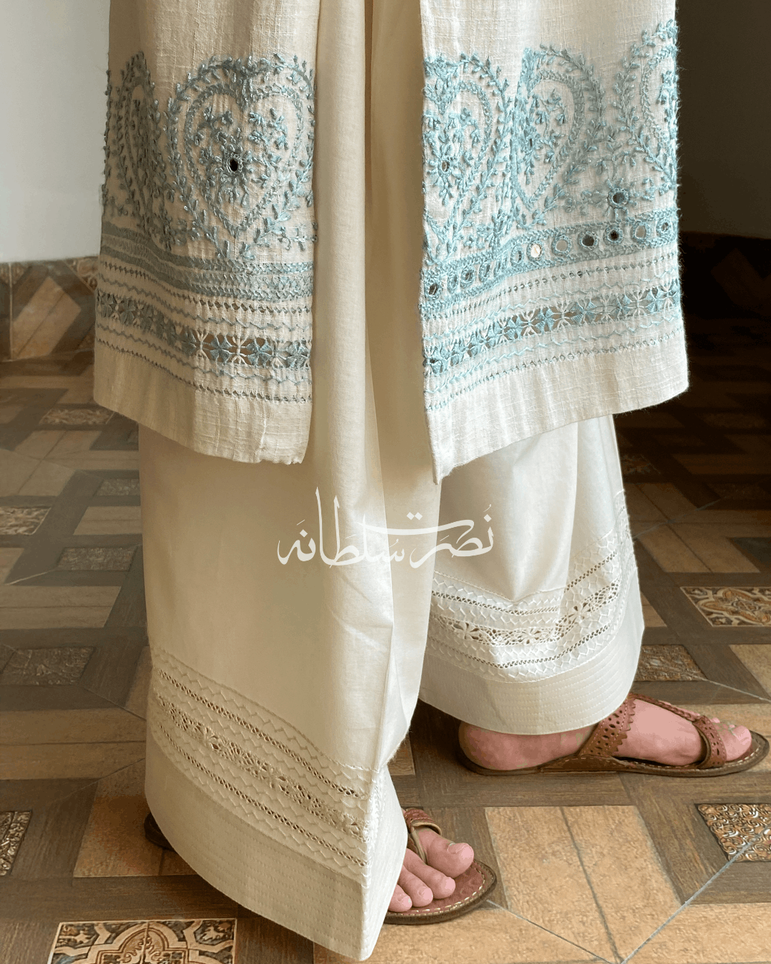 Handmade Ivory Kurta with Tarkashi, Hand Embroidery, Mirror Work Kurta - Irish Lawn