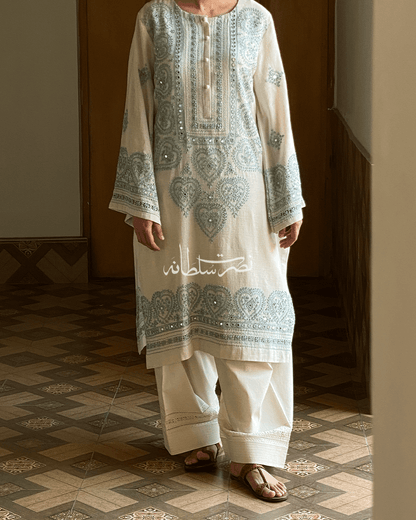 Handmade Ivory Kurta with Tarkashi, Hand Embroidery, Mirror Work Kurta - Irish Lawn