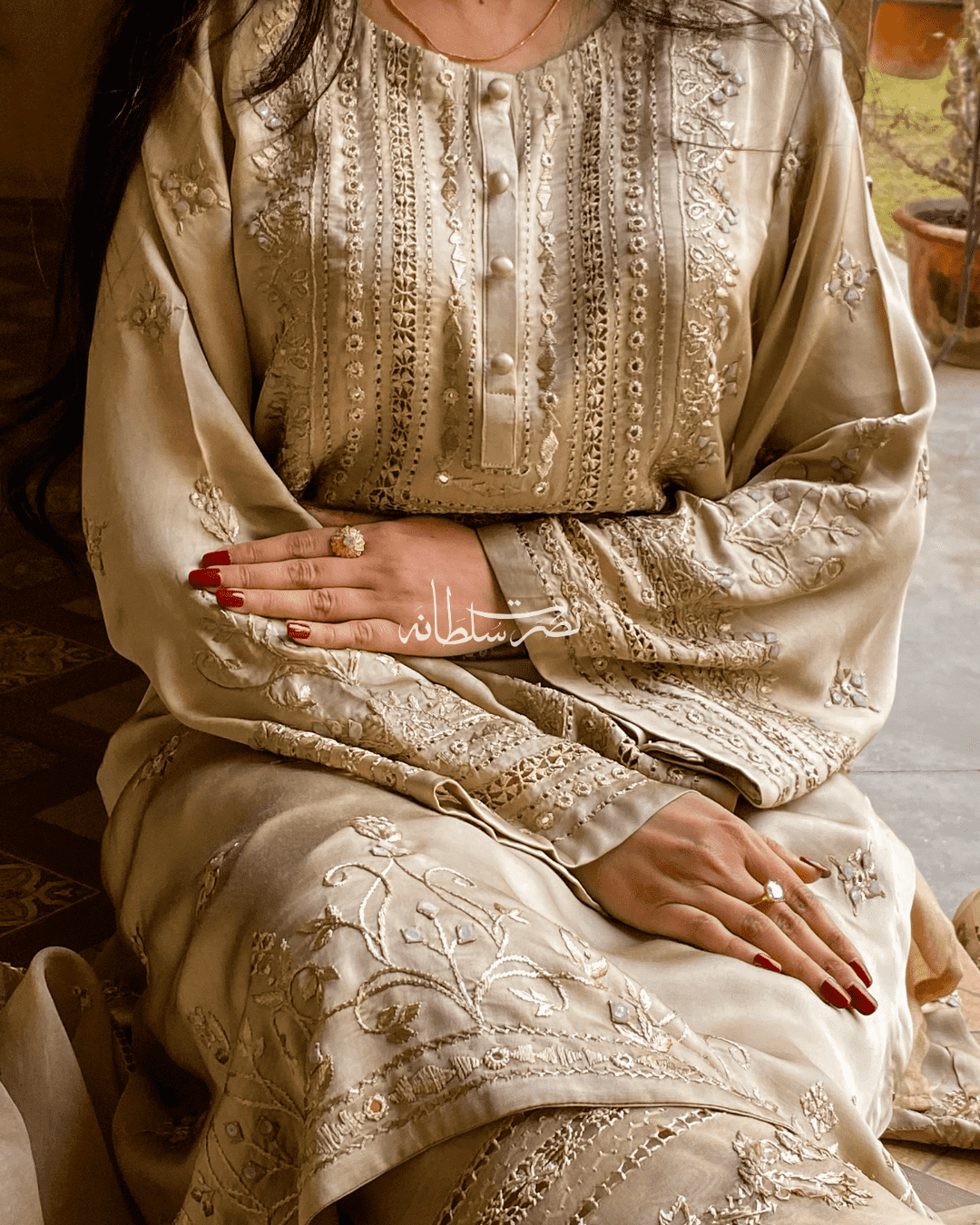 Premium Silk Handmade Warm Ivory Gold Two Piece - Pret