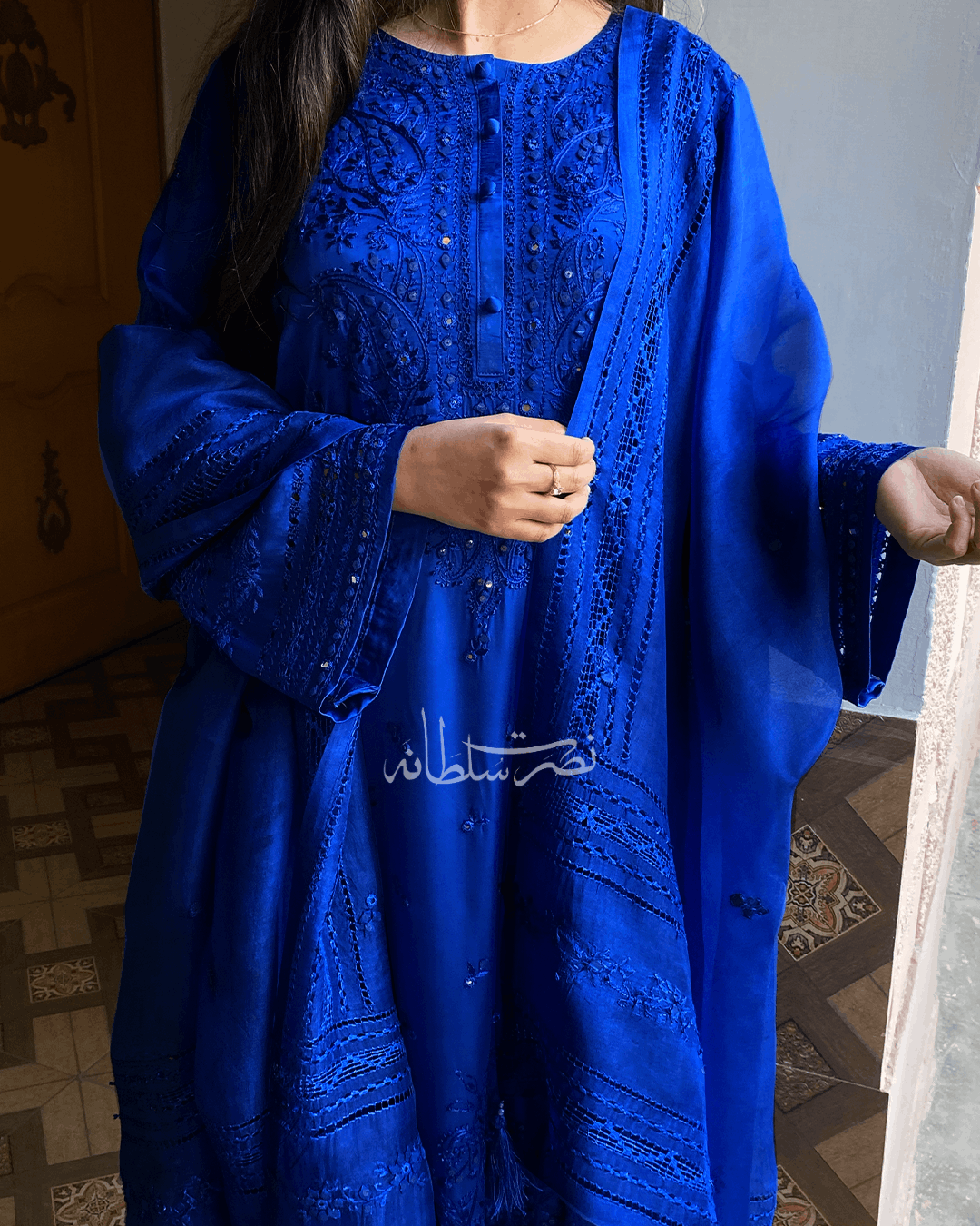 Premium Silk Hand Embroidered Two Piece - Electric Blue Shade