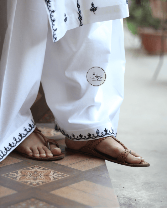 Hand Embroidered White and Black Traditional Shalwar - Unstitched