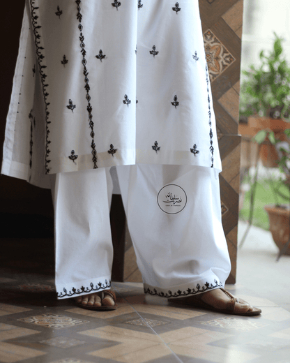 Hand Embroidered White and Black Traditional Shalwar - Unstitched