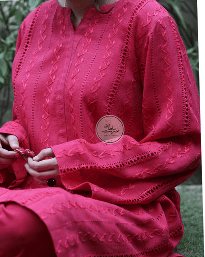 Handcrafted Straight Lines Tarkashi Shirt - Irish Linen - Red Shade