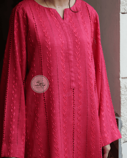 Handcrafted Straight Lines Tarkashi Shirt - Irish Linen - Red Shade