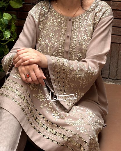Warm Grey Irish Linen Kurta - Handcrafted Tarkashi, Tukri & Mirror Work