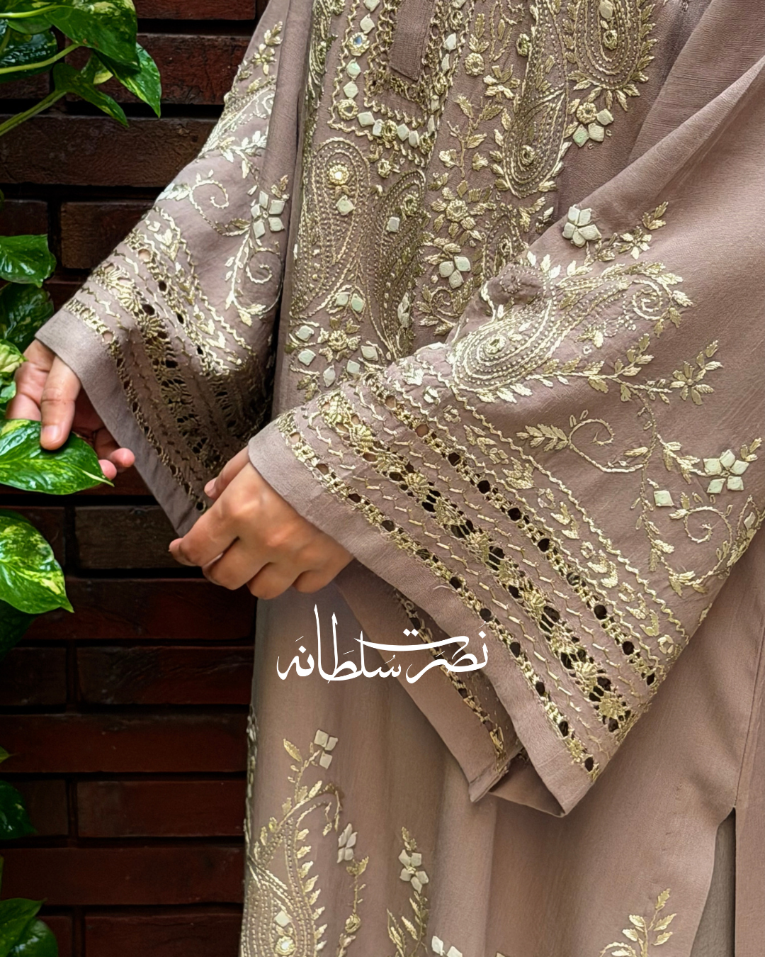 Warm Grey Irish Linen Kurta - Handcrafted Tarkashi, Tukri & Mirror Work