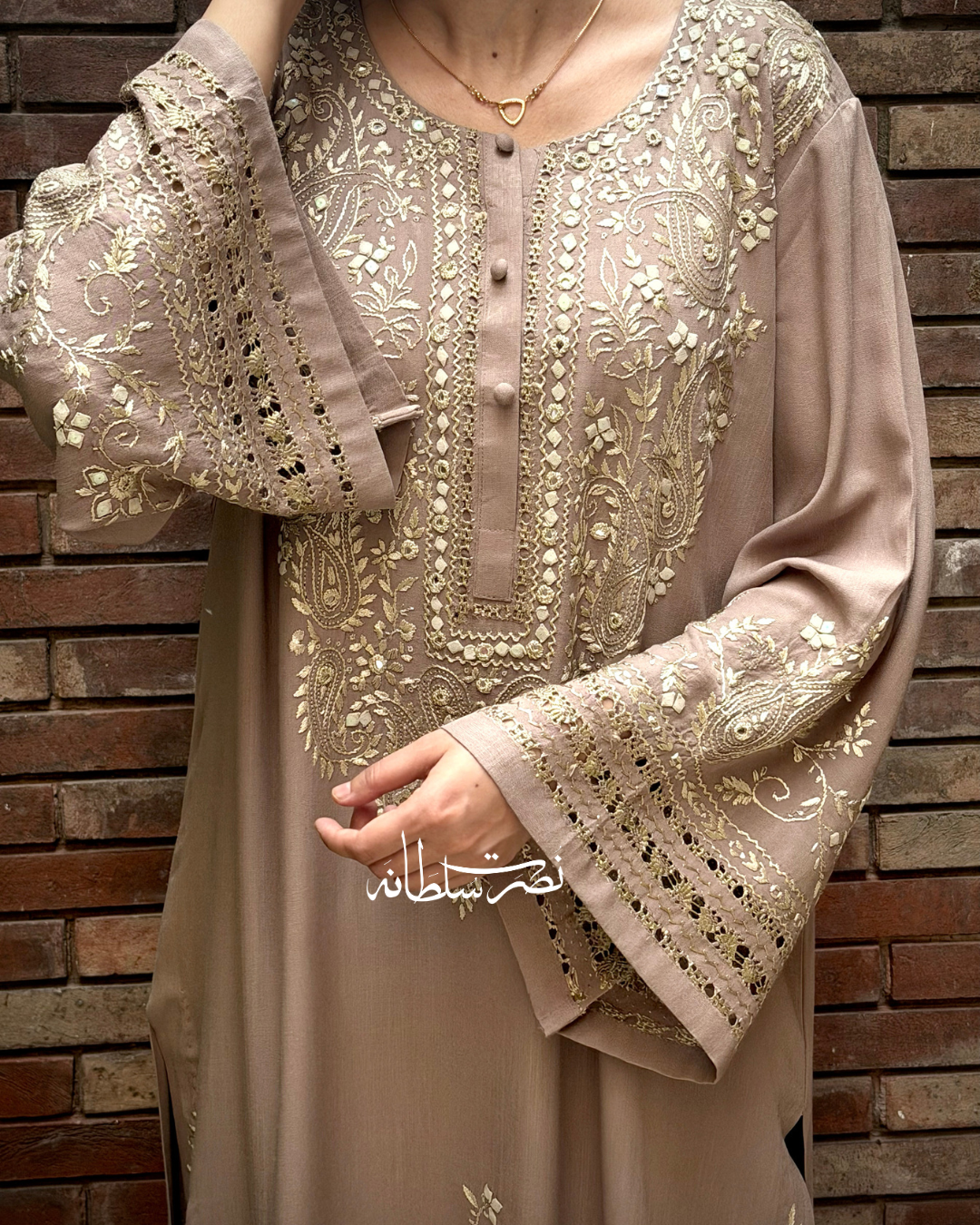 Warm Grey Irish Linen Kurta - Handcrafted Tarkashi, Tukri & Mirror Work