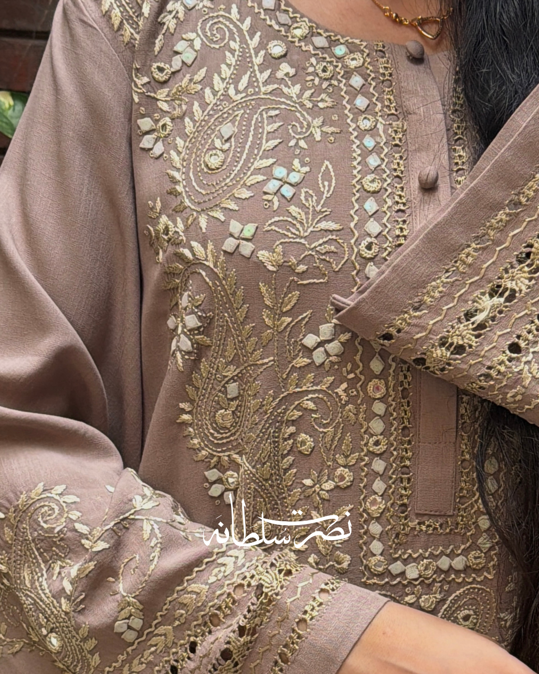 Warm Grey Irish Linen Kurta - Handcrafted Tarkashi, Tukri & Mirror Work