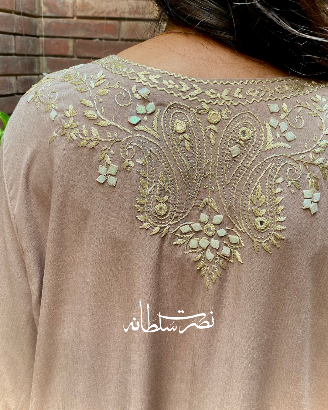 Warm Grey Irish Linen Kurta - Handcrafted Tarkashi, Tukri & Mirror Work