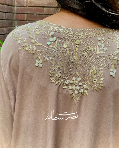 Warm Grey Irish Linen Kurta - Handcrafted Tarkashi, Tukri & Mirror Work