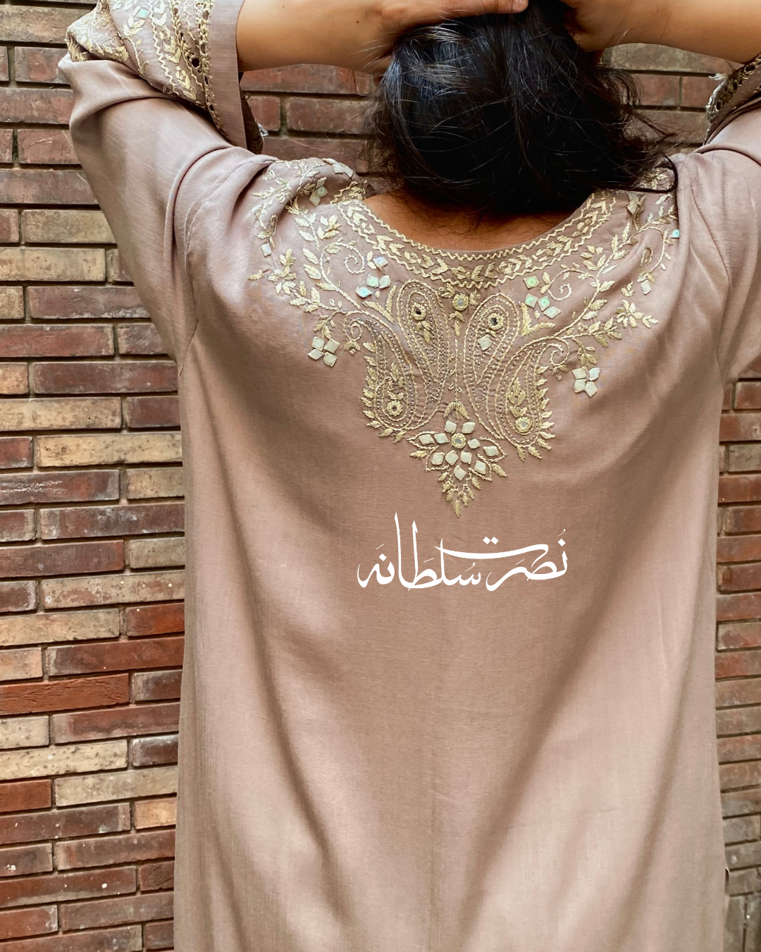 Warm Grey Irish Linen Kurta - Handcrafted Tarkashi, Tukri & Mirror Work