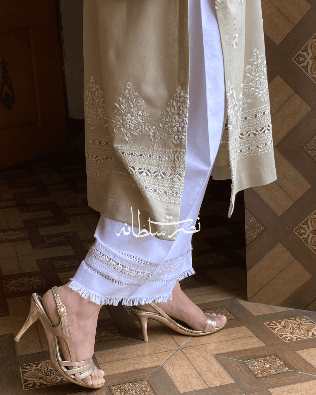 Handcrafted Tarkashi Irish Khaddar Classical Kurta - Warm Ivory Beige