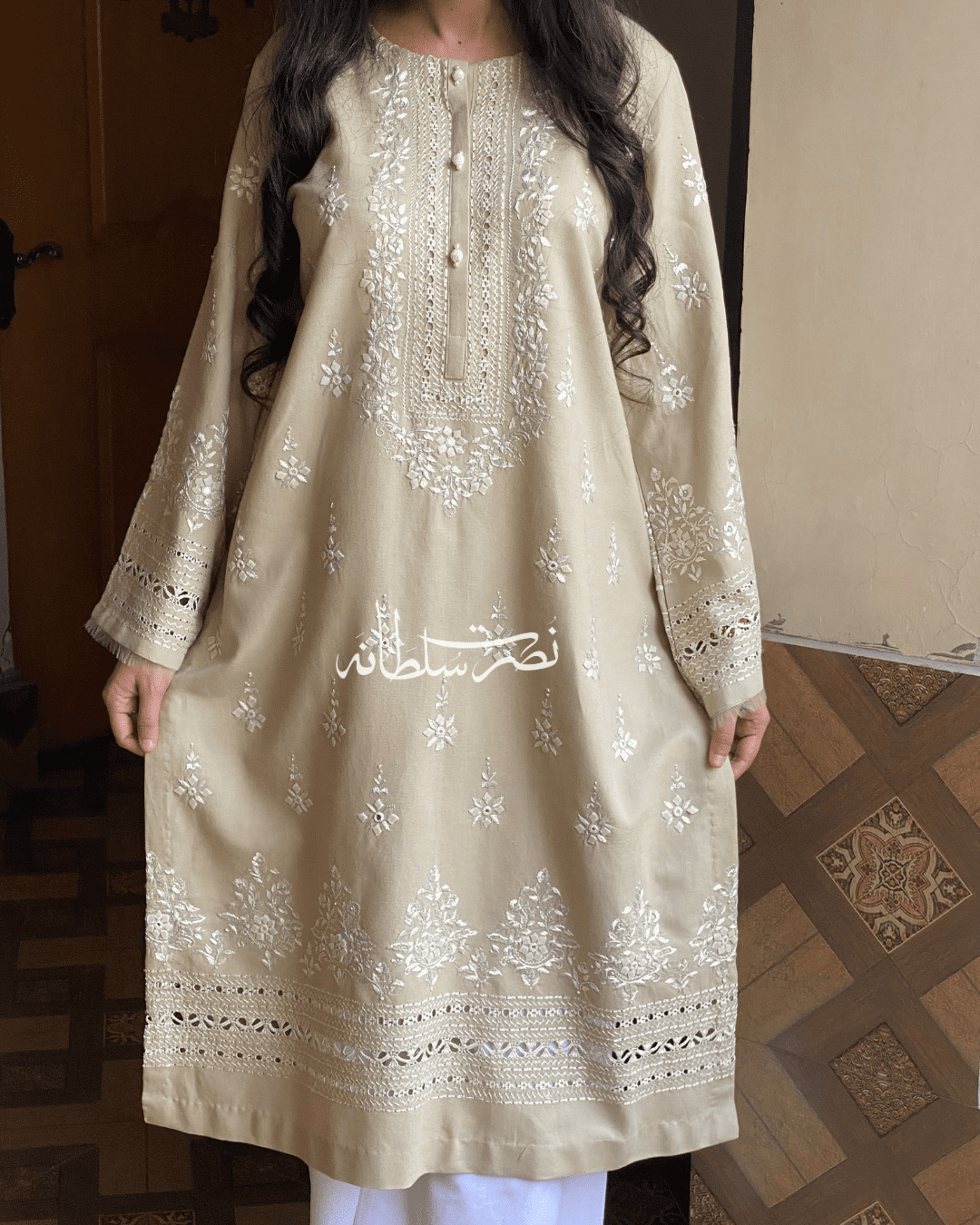 Handcrafted Tarkashi Irish Khaddar Classical Kurta - Warm Ivory Beige