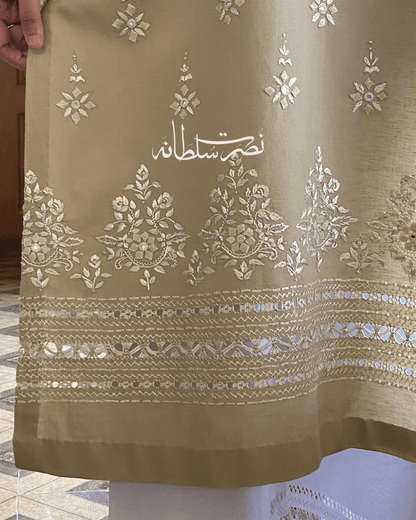 Handcrafted Tarkashi Irish Khaddar Classical Kurta - Warm Ivory Beige