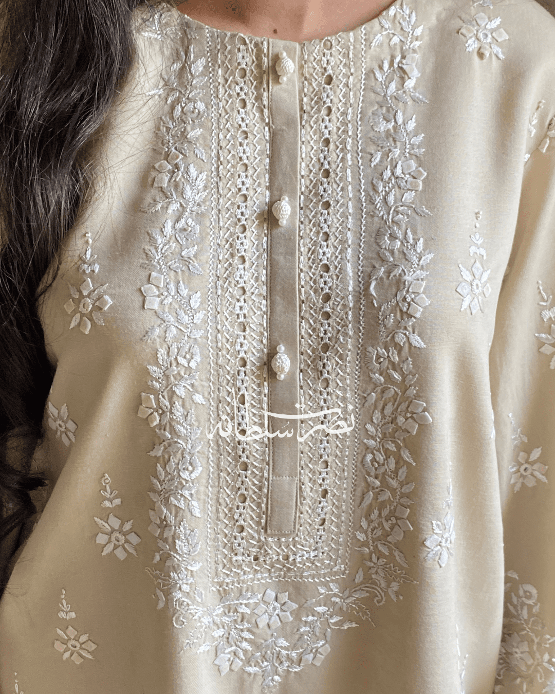Handcrafted Tarkashi Irish Khaddar Classical Kurta - Warm Ivory Beige
