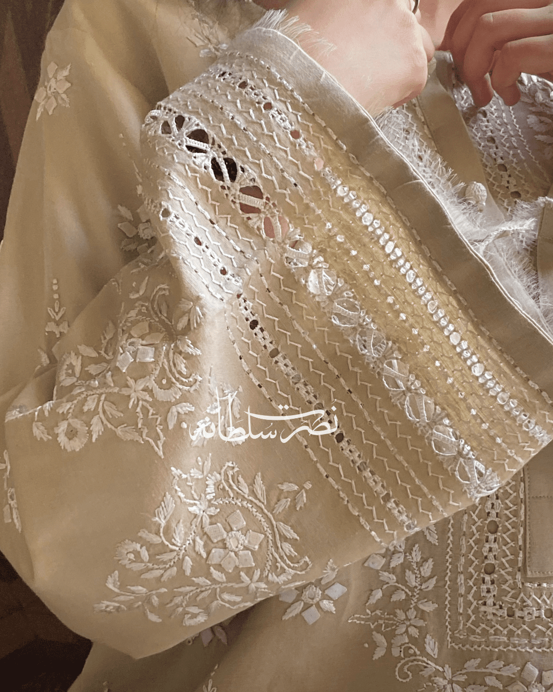 Handcrafted Tarkashi Irish Khaddar Classical Kurta - Warm Ivory Beige