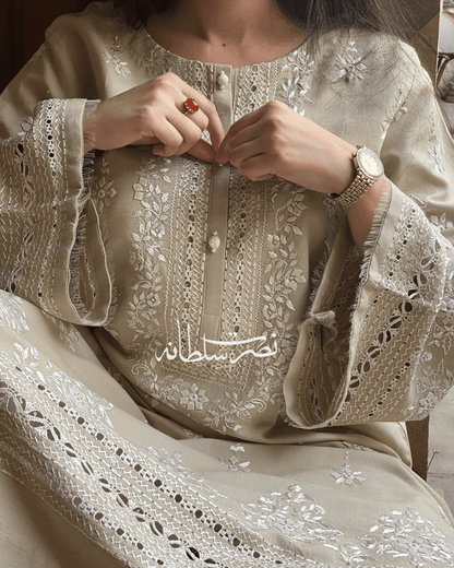 Handcrafted Tarkashi Irish Khaddar Classical Kurta - Warm Ivory Beige