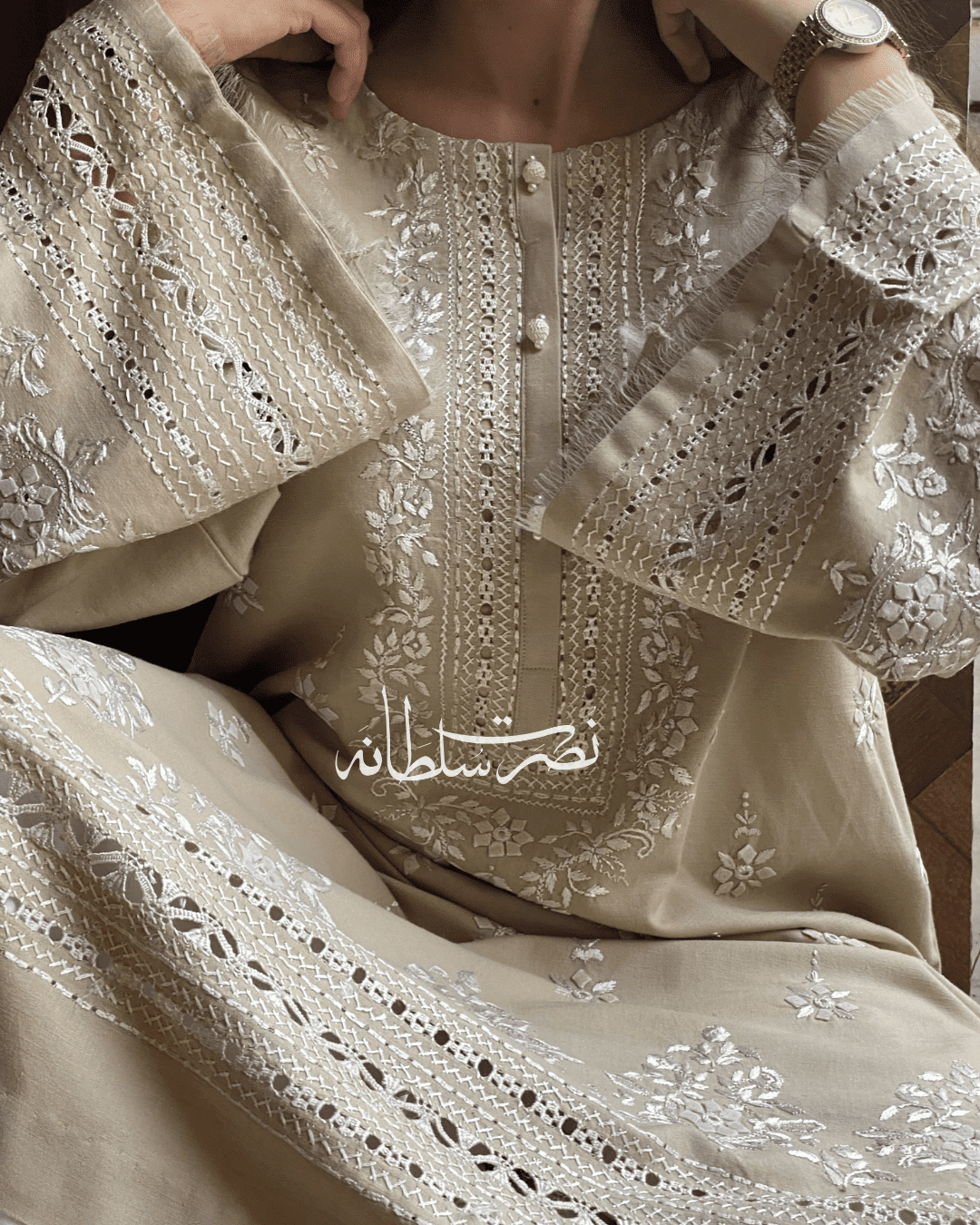 Handcrafted Tarkashi Irish Khaddar Classical Kurta - Warm Ivory Beige