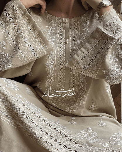 Handcrafted Tarkashi Irish Khaddar Classical Kurta - Warm Ivory Beige