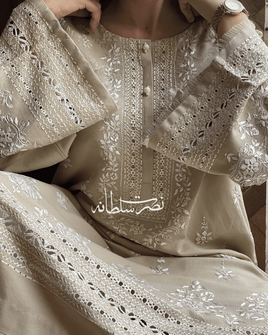 Handcrafted Tarkashi Irish Khaddar Classical Kurta - Warm Ivory Beige