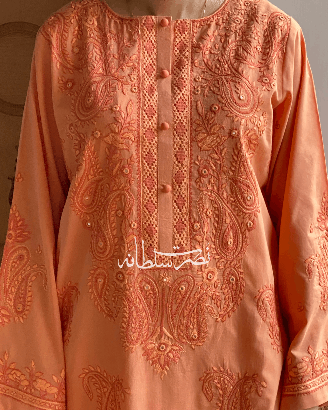 Peachy Coral Hand Embroidery and Tarkashi Kurta - Summer Lawn