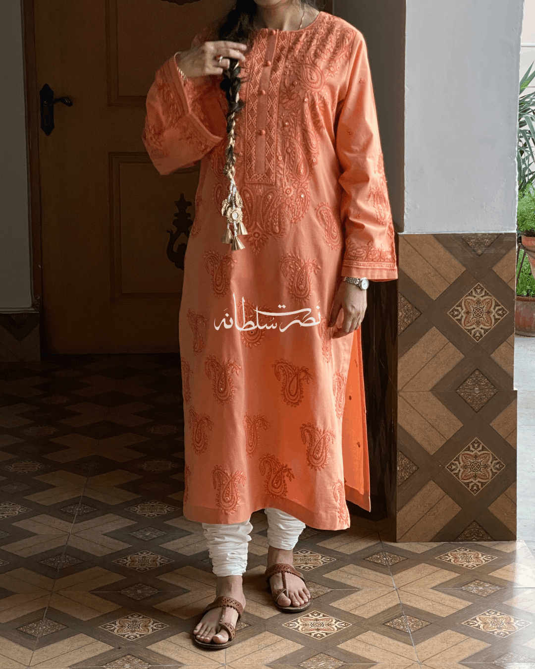 Peachy Coral Hand Embroidery and Tarkashi Kurta - Summer Lawn