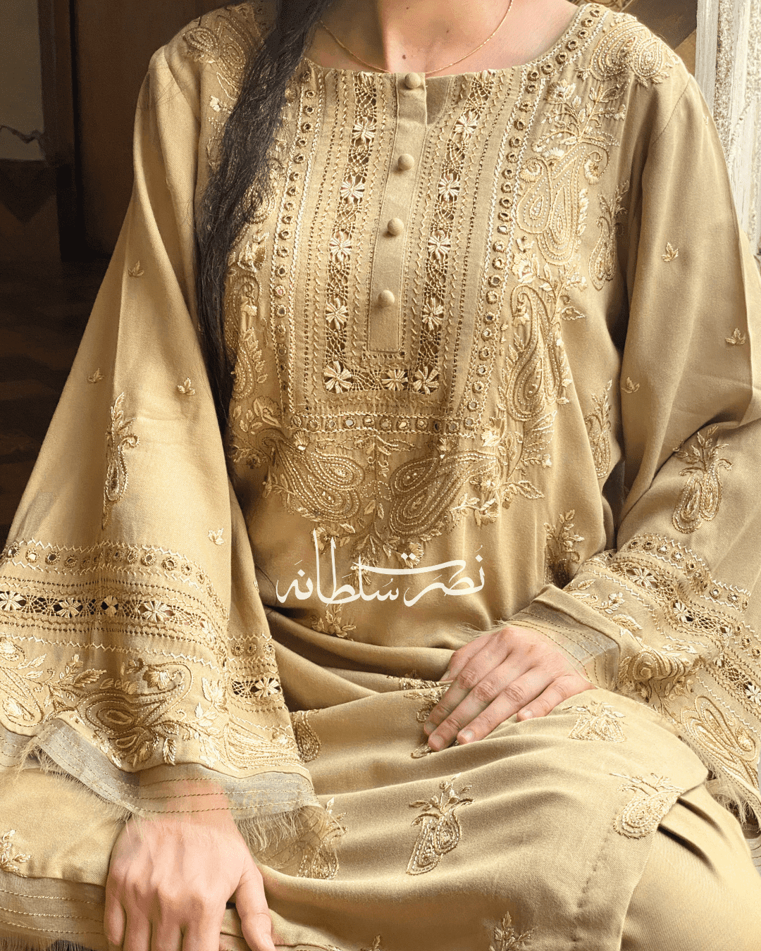 Classical Beige Tarkashi & Hand Embroidered Kurta - Marina