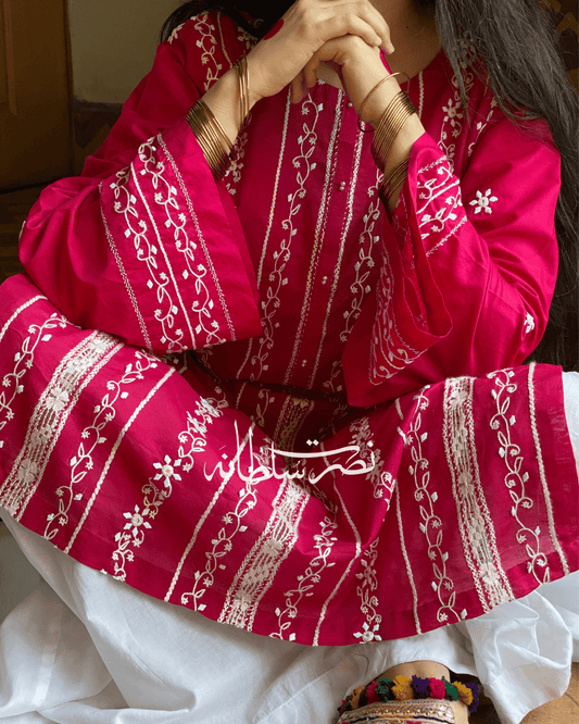Classic Handcrafted Tarkashi, Tukri and Aari Work Shirt - Mulberry Pink Shade