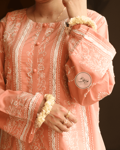 Fresh Peach Handcrafted Tarkashi & Chikankari Work Shirt - Pret