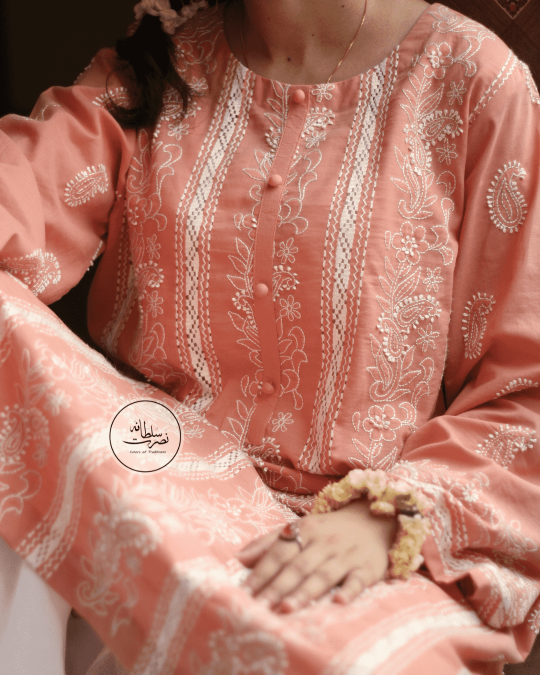 Fresh Peach Handcrafted Tarkashi & Chikankari Work Shirt - Pret