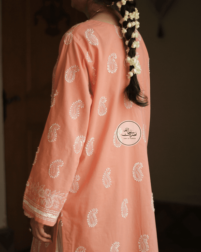 Fresh Peach Handcrafted Tarkashi & Chikankari Work Shirt - Pret