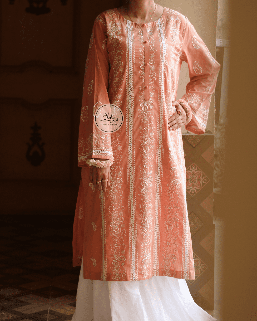 Fresh Peach Handcrafted Tarkashi & Chikankari Work Shirt - Pret