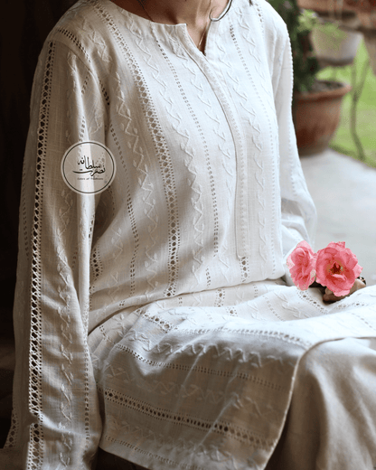 Pearl White Handcrafted Tarkashi Shirt - Irish Linen - Pret