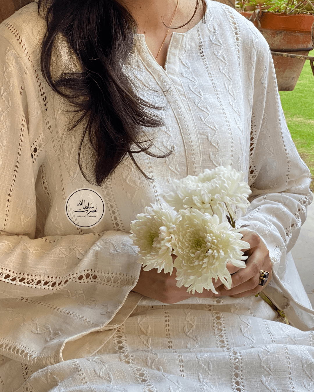 Pearl White Handcrafted Tarkashi Shirt - Irish Linen - Pret