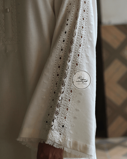 Classic White Hand Embroidered Tarkashi Kurta - Soft Irish Khaddar - Pret