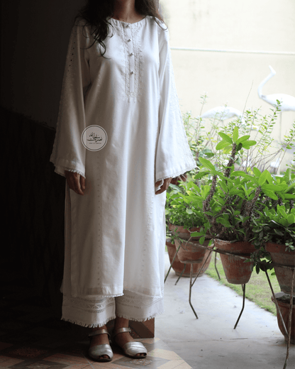 Classic White Hand Embroidered Tarkashi Kurta - Soft Irish Khaddar - Pret