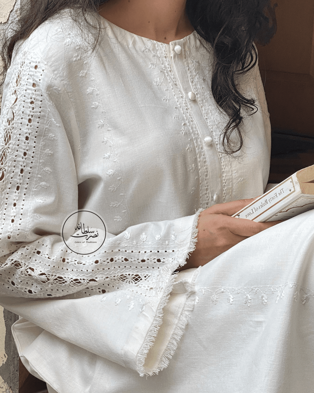 Classic White Hand Embroidered Tarkashi Kurta - Soft Irish Khaddar - Pret