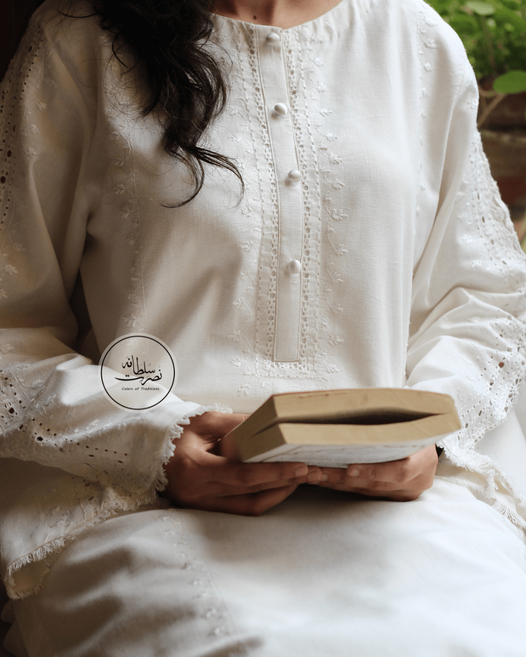 Classic White Hand Embroidered Tarkashi Kurta - Soft Irish Khaddar - Pret