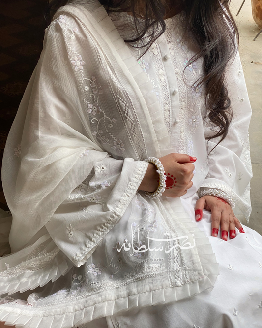 Classic Pearl White Handcrafted Tarkashi, Tukri and Mirror Work Shirt