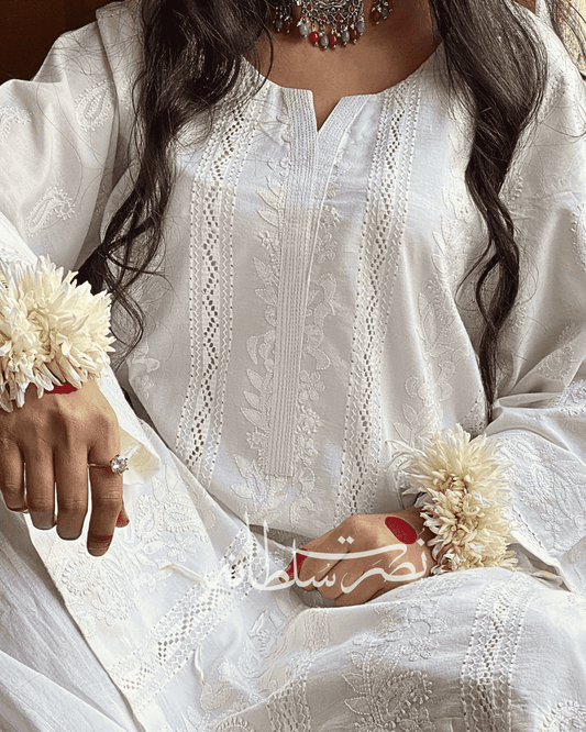 Classic Pearl White Handcrafted Tarkashi Shirt - Pret - Lawn