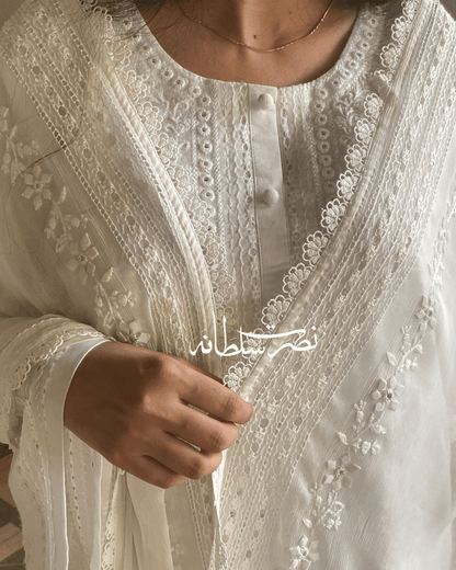 Classical Cream White Pure China Chiffon Tarkashi and Hand Embroidered Dupatta