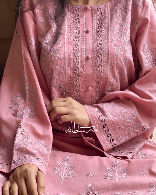 Dust Rose Pink Hand Embroidered, Tarkashi and Mirror Work Kurta