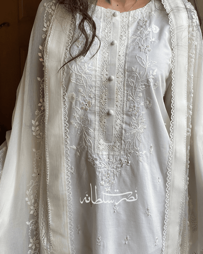 Classic Pearl White Handcrafted Tarkashi, Tukri and Mirror Work Shirt