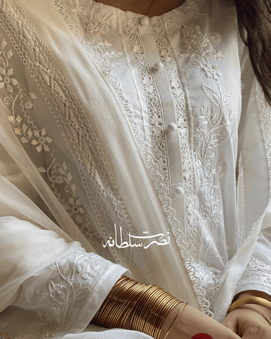 Classic Pearl White Handcrafted Tarkashi, Tukri and Mirror Work Shirt