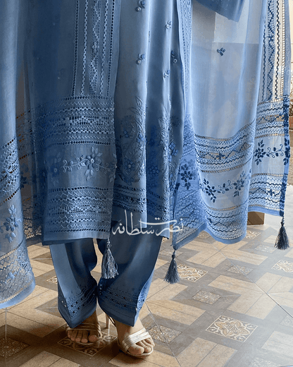Pure Organza Hand Embroidery and Tarkashi Dupatta - Steel Blue Shade