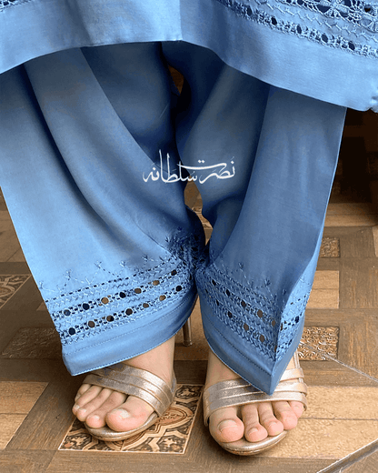 Premium Silk Hand Embroidered Two Piece - Steel Blue Shade