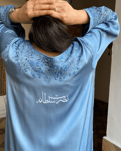 Premium Silk Hand Embroidered Two Piece - Steel Blue Shade