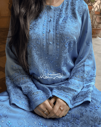 Premium Silk Hand Embroidered Two Piece - Steel Blue Shade