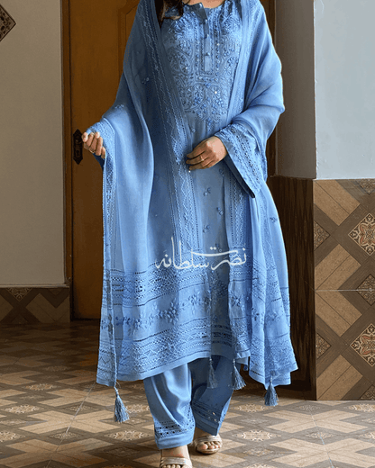 Pure Organza Hand Embroidery and Tarkashi Dupatta - Steel Blue Shade