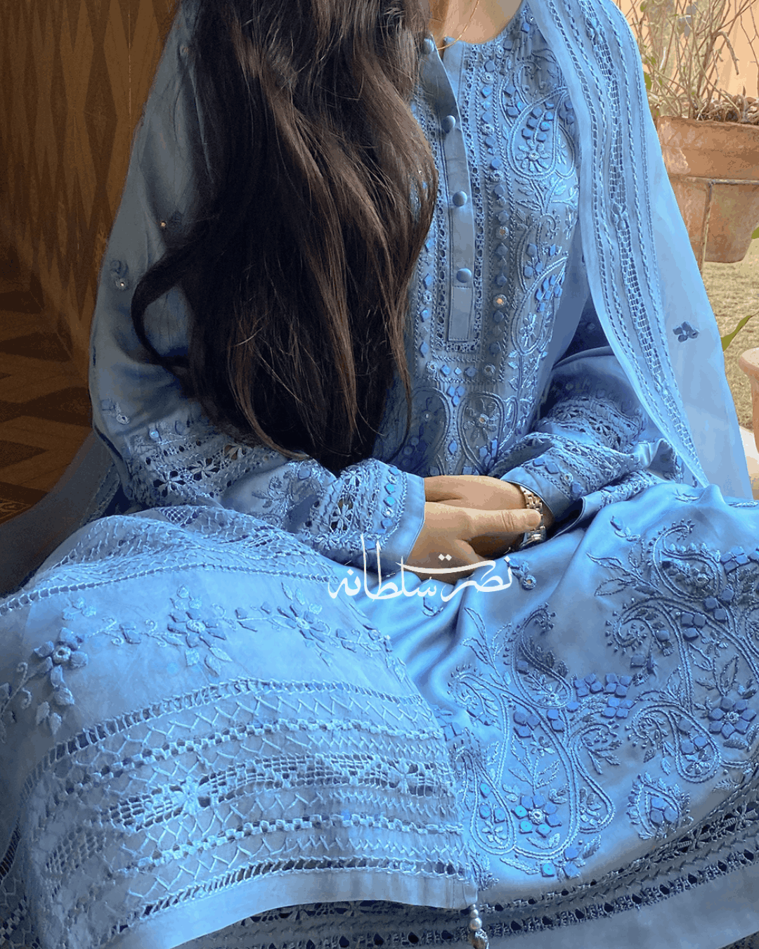 Premium Silk Hand Embroidered Two Piece - Steel Blue Shade